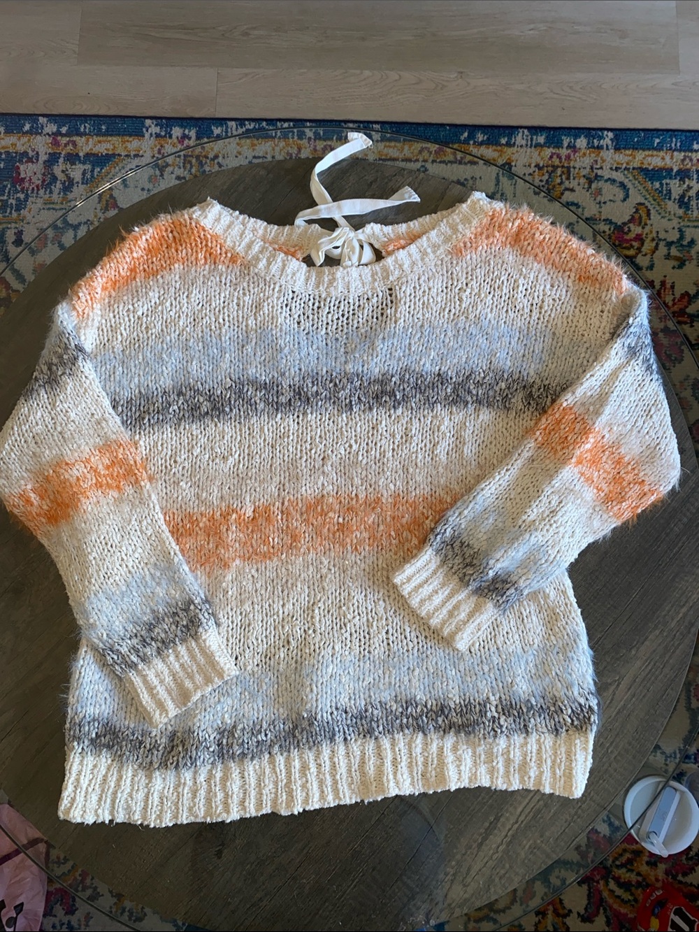 Meadow Rue Cream Knit Sweater with Orange and Gray Stripes